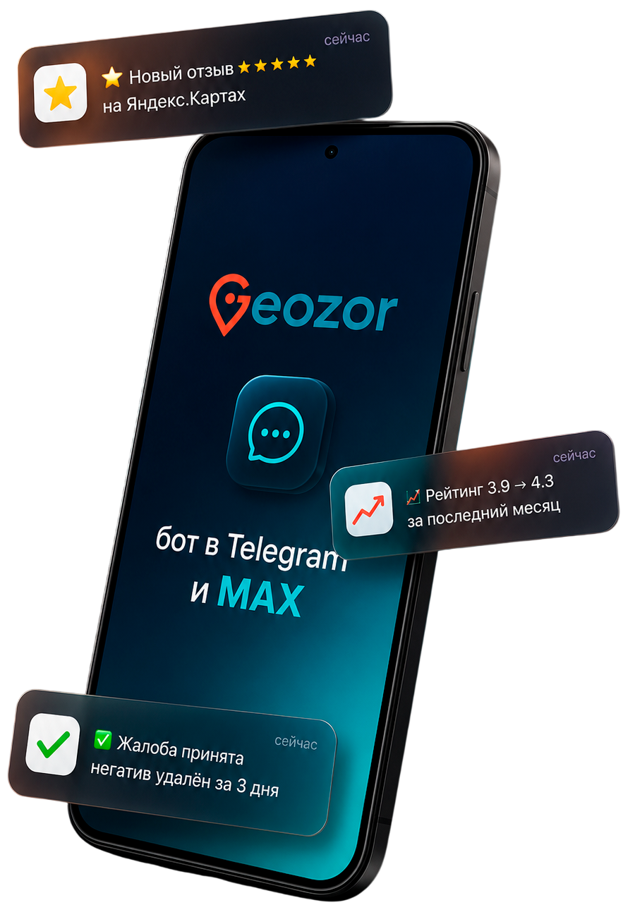 Телефон с ботом Geozor и уведомлениями: новый отзыв 5 звёзд на Яндекс.Картах, рост рейтинга с 3.9 до 4.3 за месяц, жалоба на негативный отзыв принята — негатив удалён за 3 дня.